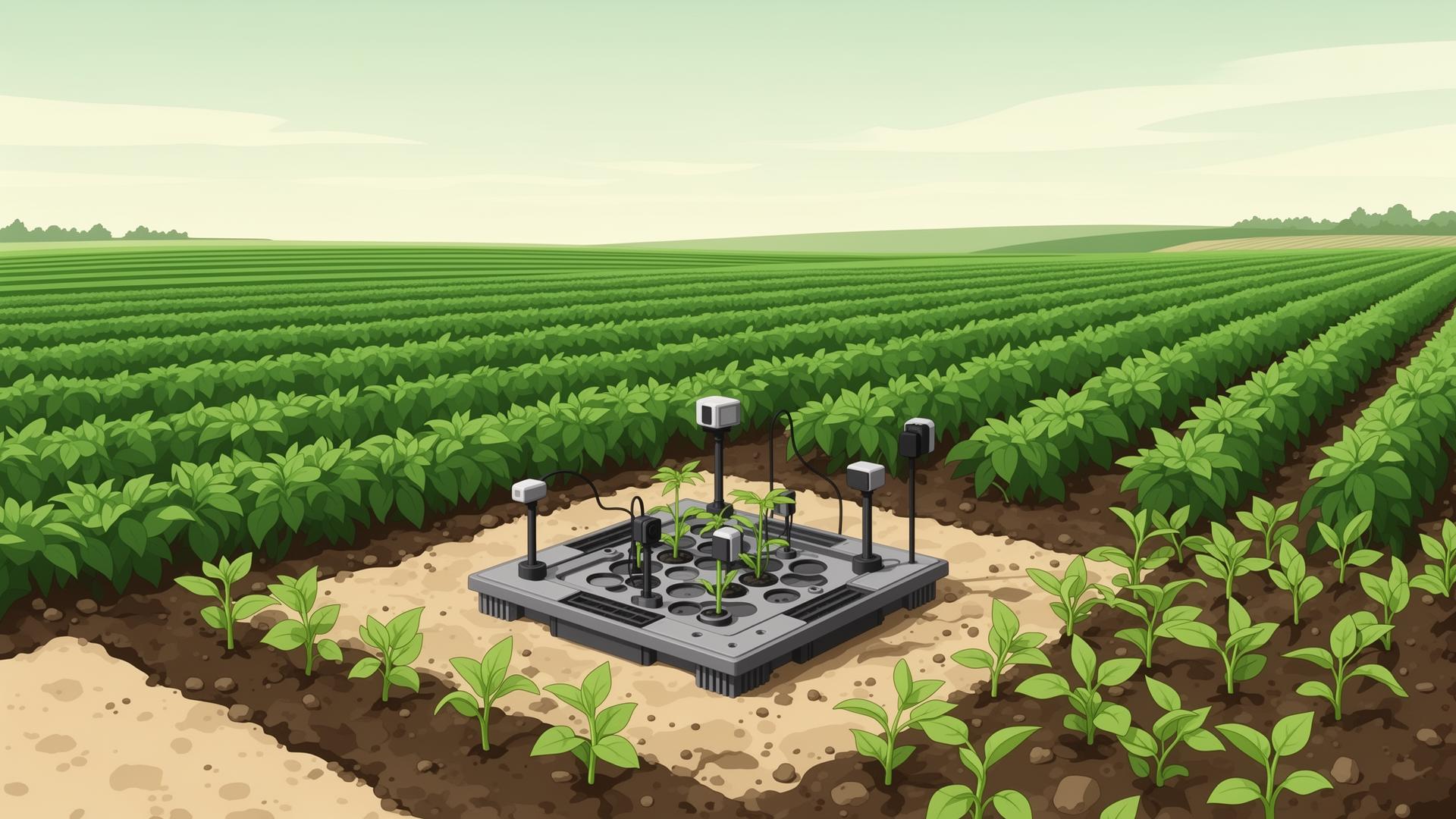 Carré d'essai installé dans une parcelle agricole avec capteurs et jeunes plants